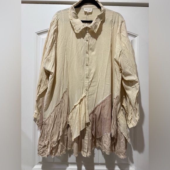 Oli & Hali Cream Button-Down Tunic with Tan Patchwork Hem - Picture 2 of 8
